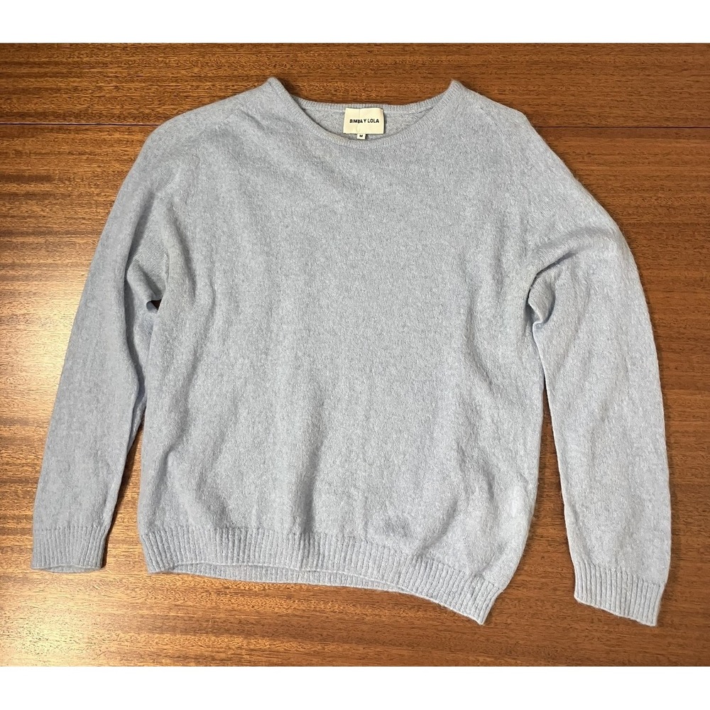 Bimba y Lola Light Gray Blue Fuzzy Knit Raglan Sleeve Crew Neck Sweater Medium